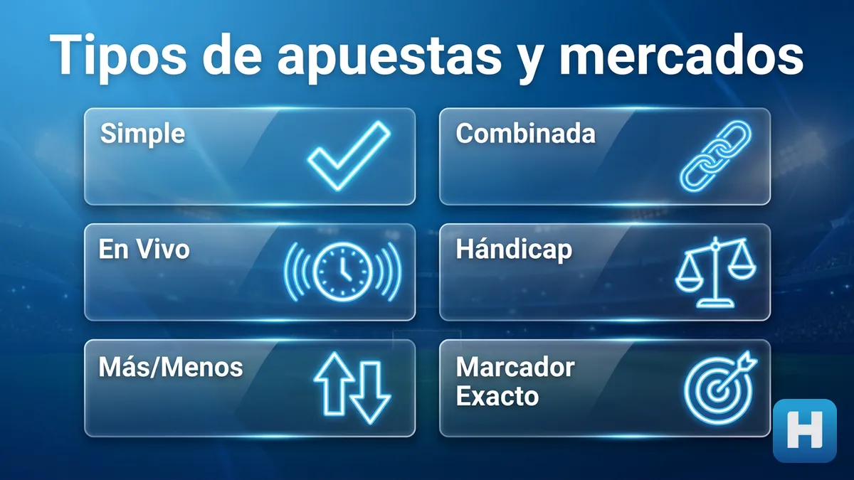 Tipos de apuestas y mercados en Hondubet: simple, combinada, en vivo y hándicap en tarjetas comparativas