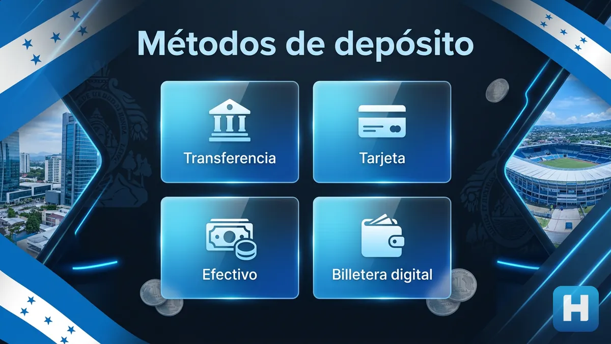 Cuatro tarjetas comparando los métodos de depósito en Hondubet: transferencia, tarjeta, efectivo y billetera digital