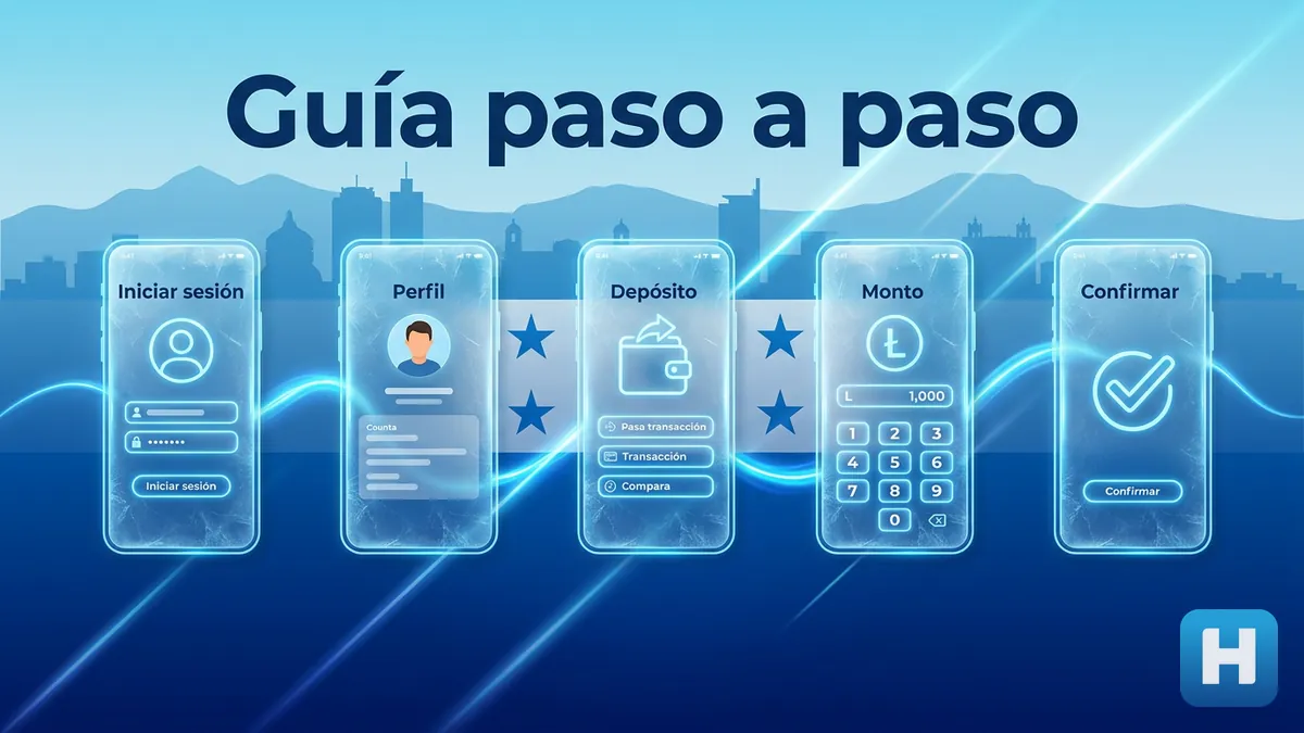 Secuencia de cinco pantallas mostrando el paso a paso para hacer un depósito en Hondubet