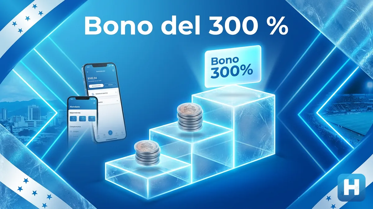 Escalera de monedas de lempiras que sube hacia una tarjeta de bono del 300 por ciento en Hondubet