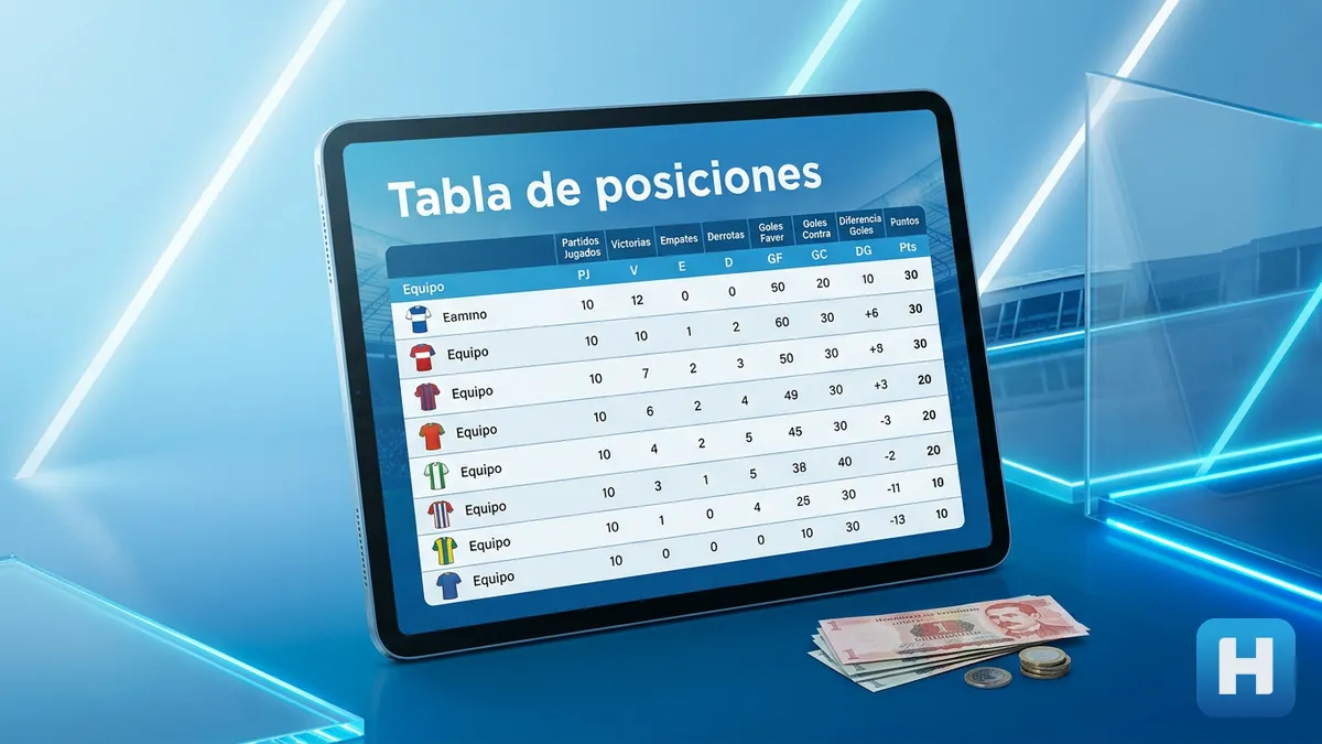 Mockup de tabla de posiciones de la Liga Hondubet en pantalla, con lempiras hondureñas de fondo