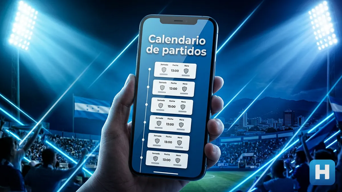 Mockup de calendario de jornadas de la Liga Hondubet en pantalla de celular, con estadio de fondo