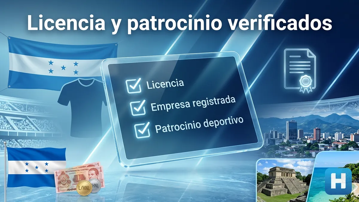 Mockup con casillas de verificación en español muestra licencia, empresa y patrocinio deportivo de Hondubet