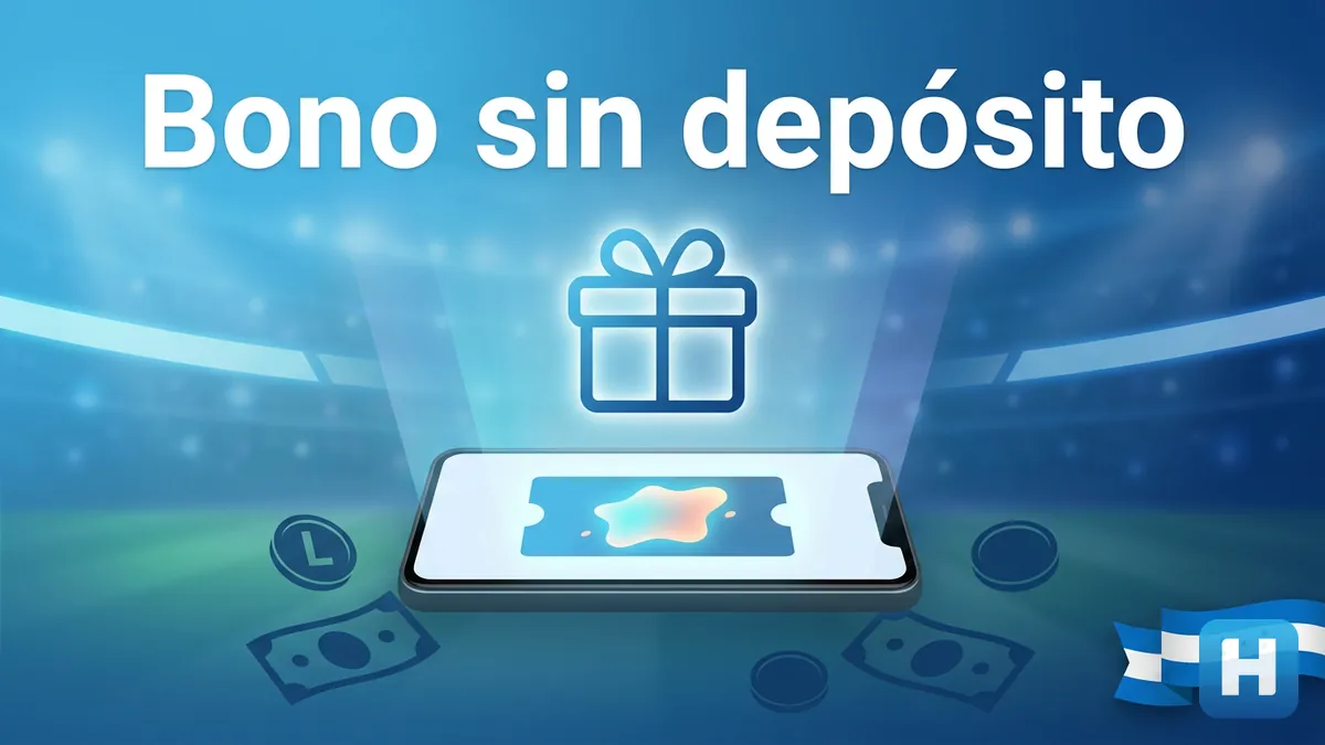 Tarjeta de bono por registrarte sin depósito en Hondubet con monedas de lempira y luz azul de estadio