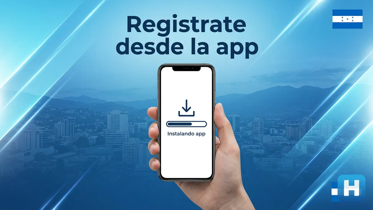 Celular instalando la app de Hondubet con silueta de ciudad hondureña y luz azul de fondo