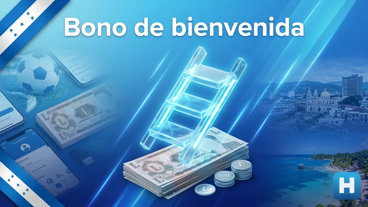 Escalera de vidrio azul sobre lempiras que representa el bono de bienvenida de Hondubet.